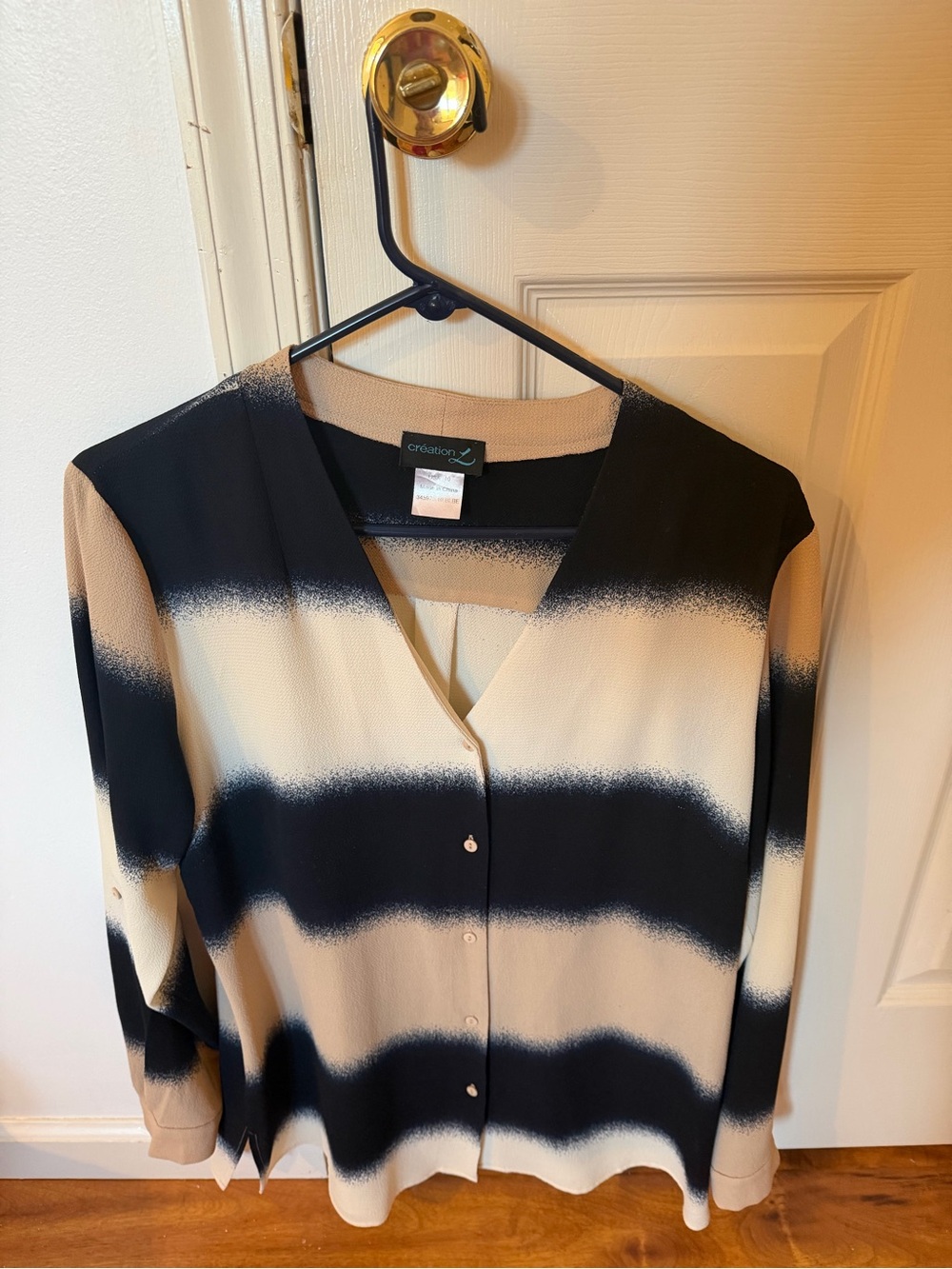 Creation L Black and Beige Striped Button-Front Blouse